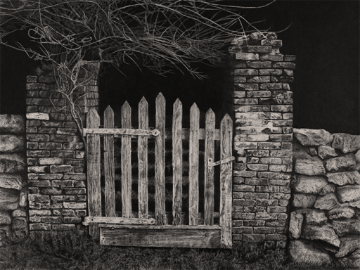 Graphite drawing of an old wooden gate in Columbia, CA